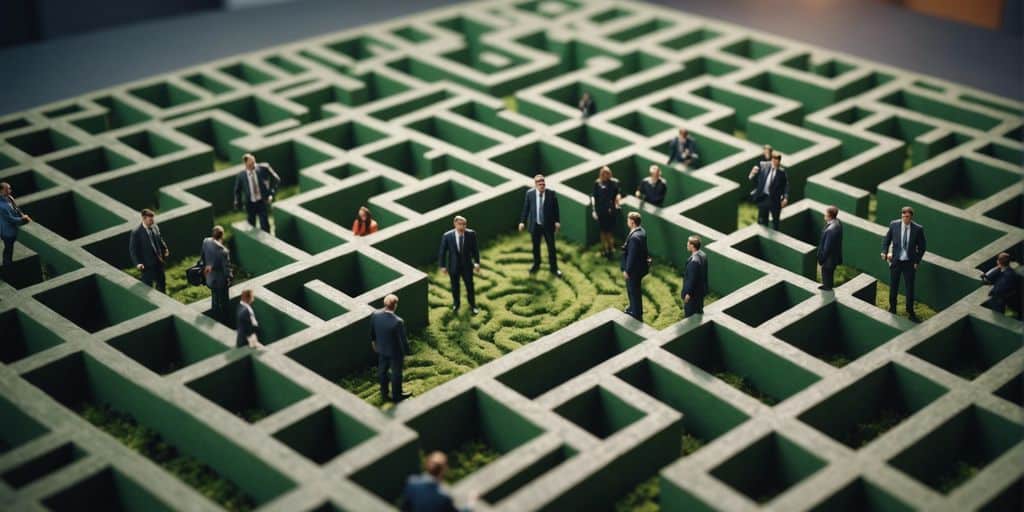 Business leader guiding team through maze, representing challenges and solutions in transition management.