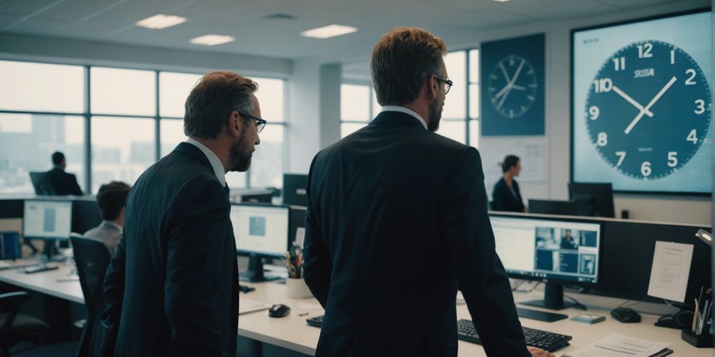 Stressed manager in office, clock showing 2024, fading employee silhouette representing quiet quitting.