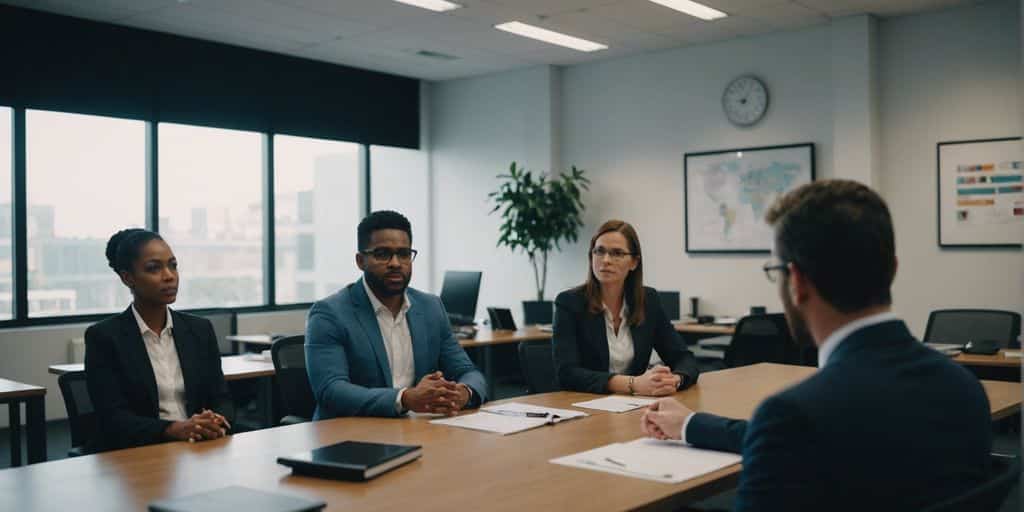 Diverse team in a modern office, engaged in a meeting led by one person, representing leadership and management in 2024.