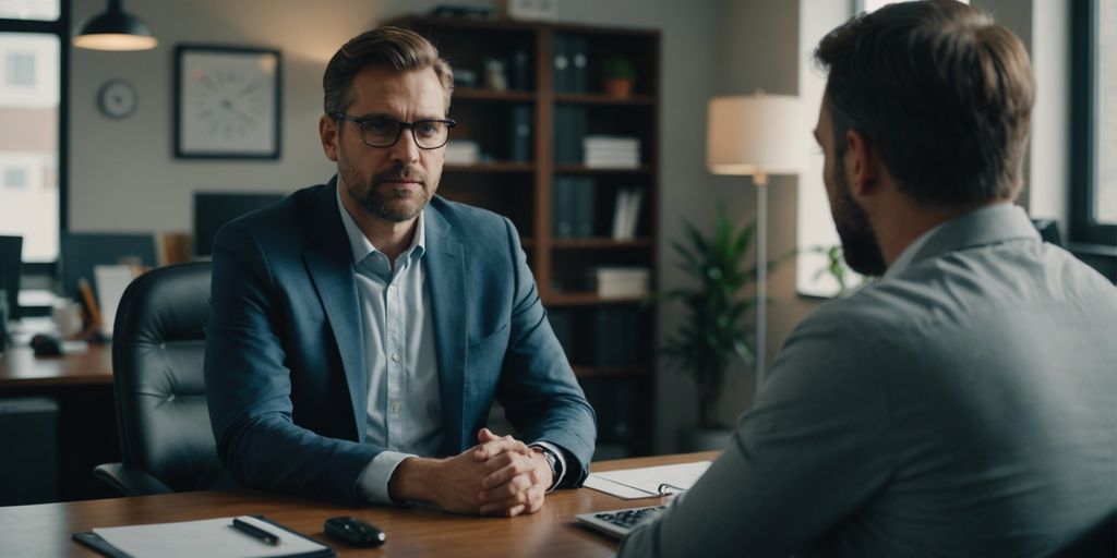 Manager discutant avec un employé dans un bureau calme, représentant le quiet quitting et le leadership de transition.