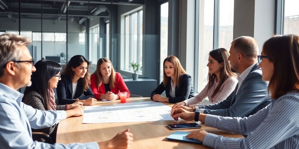 Équipe professionnelle en réunion sur la restructuration financière.